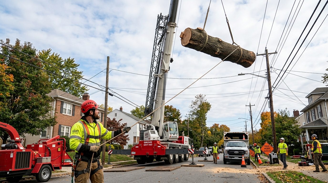 Mobile crane lifting multi-ton oak log vertically above residential neighborhood