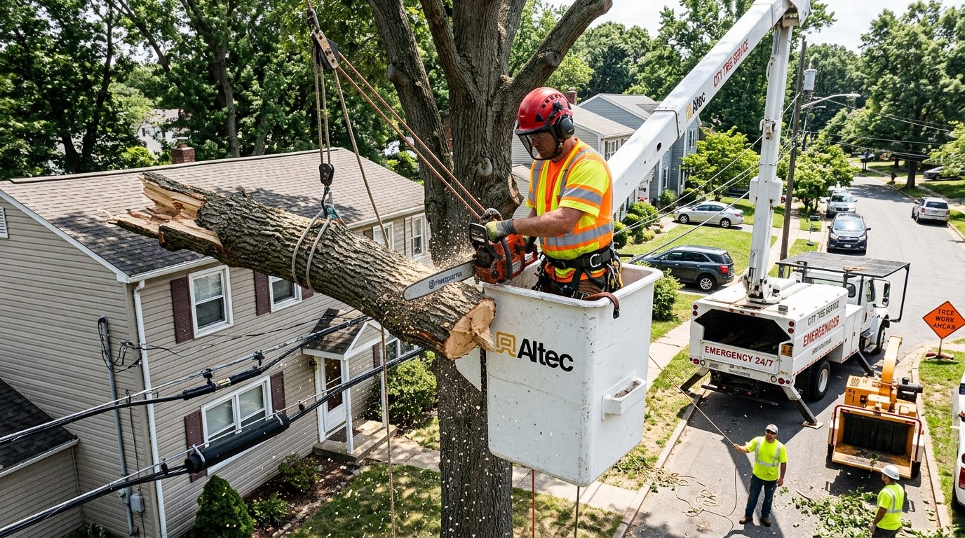 Aerial bucket truck tree removal crew working in Christy Park residential street