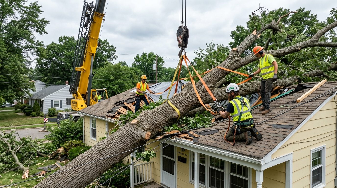 Tree fallen on residential roof undergoing emergency extraction