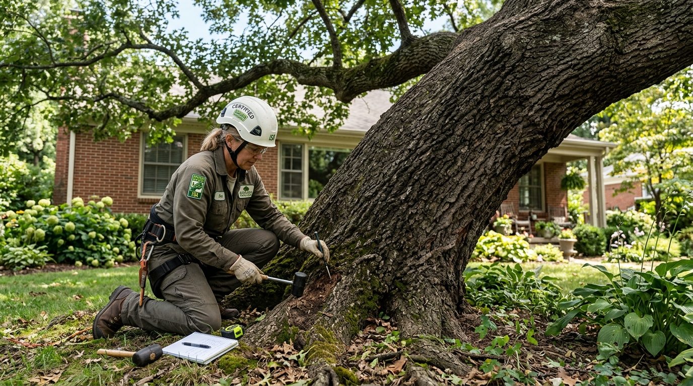 Certified arborist inspecting leaning tree root flare and decay