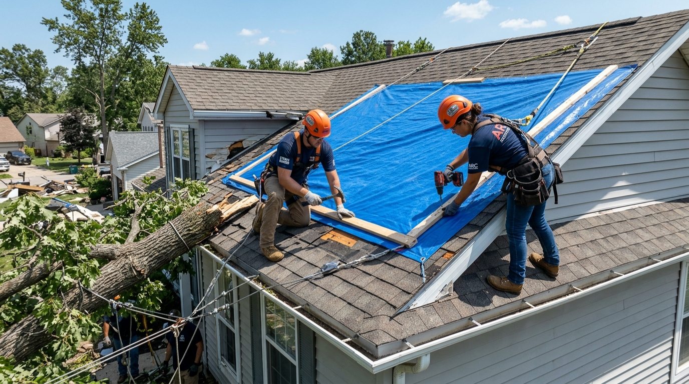 Contractors installing heavy duty blue emergency roof tarp and stabilizing downed tree trunk